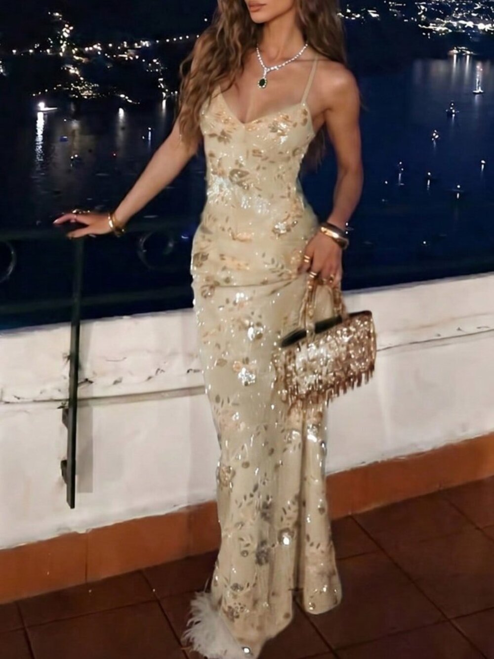 Apricot Elegant Women's Sexy Backless Knot Strap Top & Sequin Party Skirt